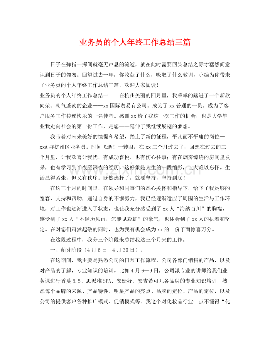 业务员的个人年终工作总结三篇 .docx_第1页