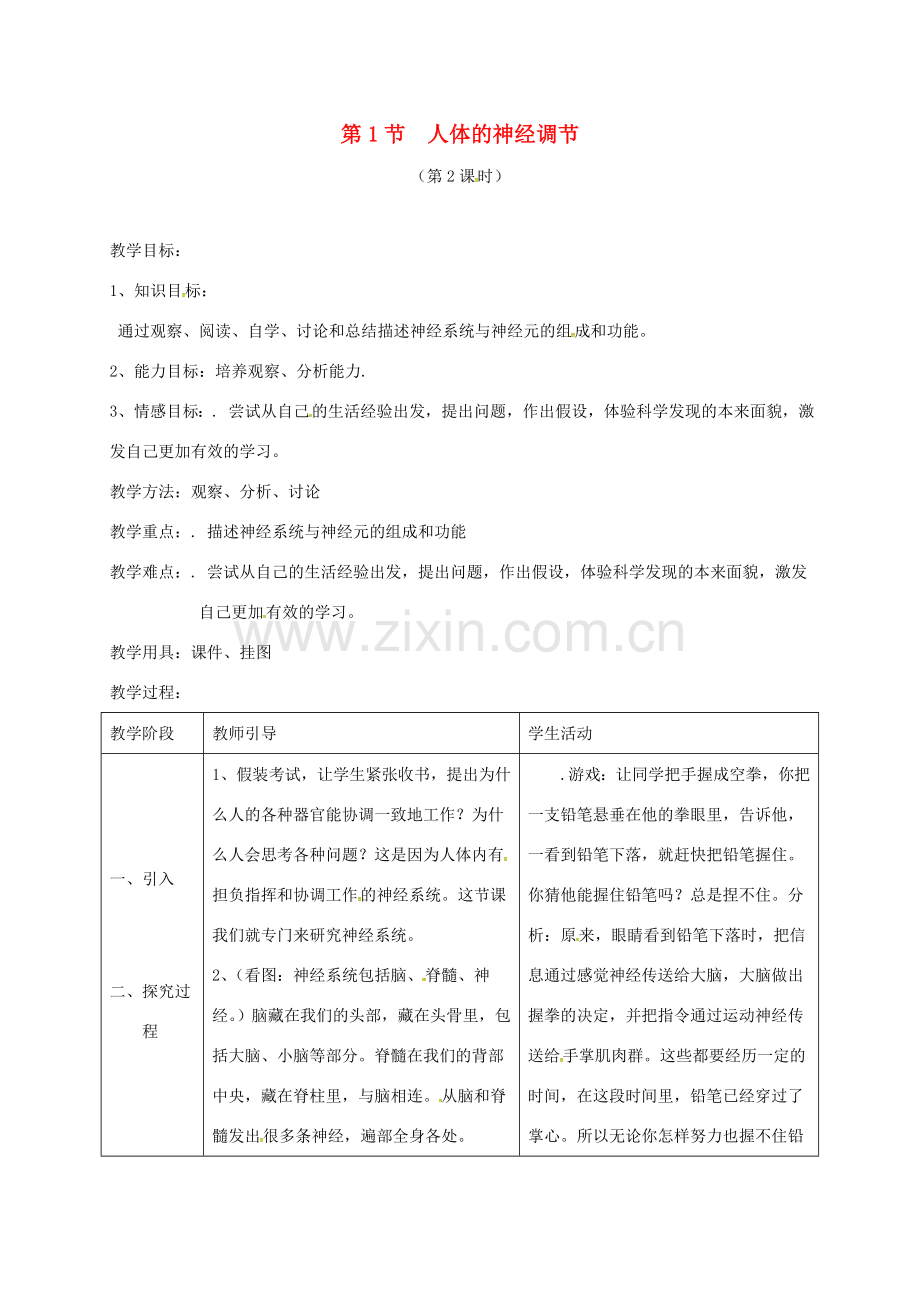 江苏省镇江市八年级生物上册 16.1 人体的神经调节教学设计2 （新版）苏科版-（新版）苏科版初中八年级上册生物教案.doc_第1页