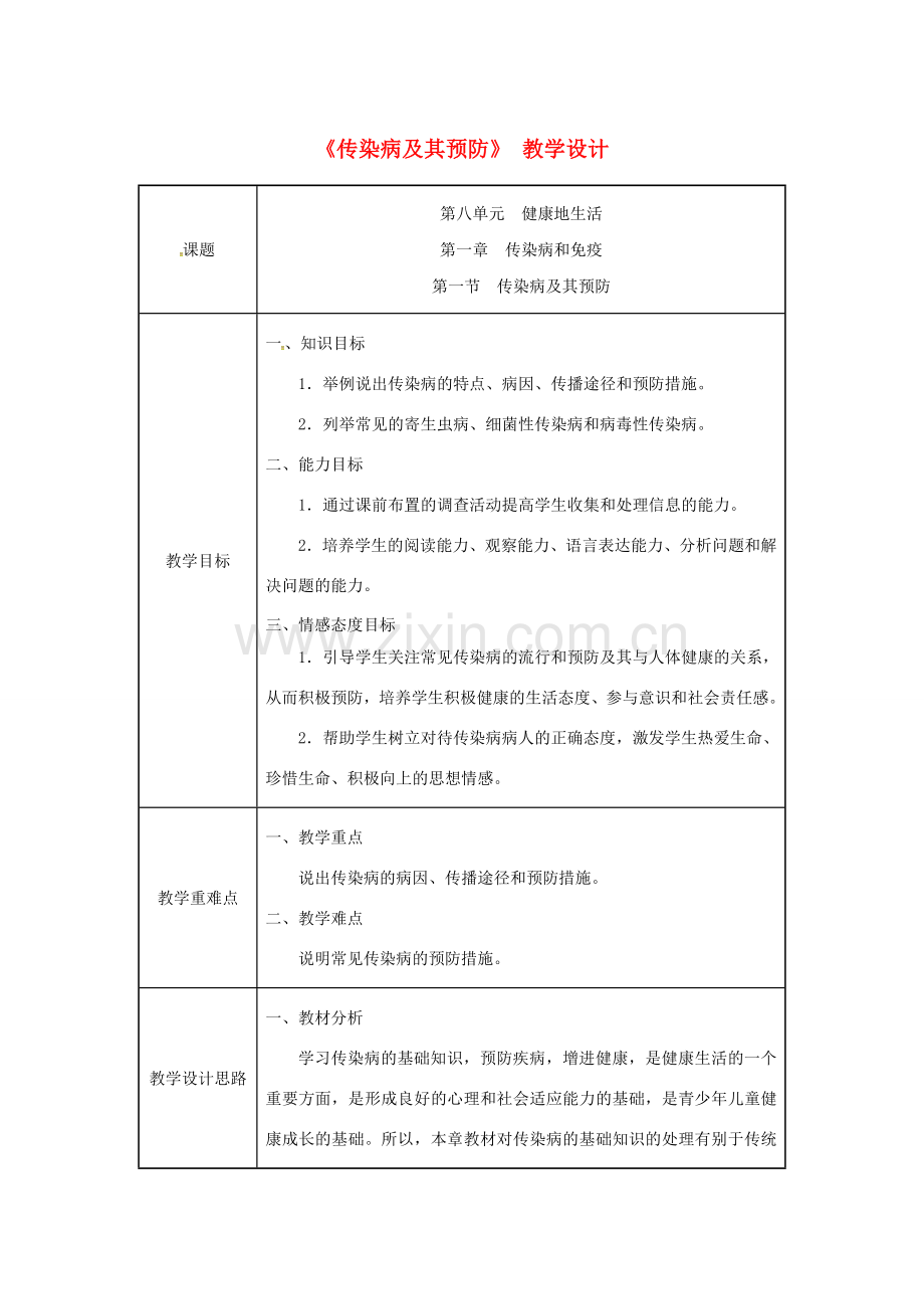 吉林省榆树市八年级生物下册 第八单元 第一章 第一节 传染病及其预防教案 （新版）新人教版-（新版）新人教版初中八年级下册生物教案.doc_第1页