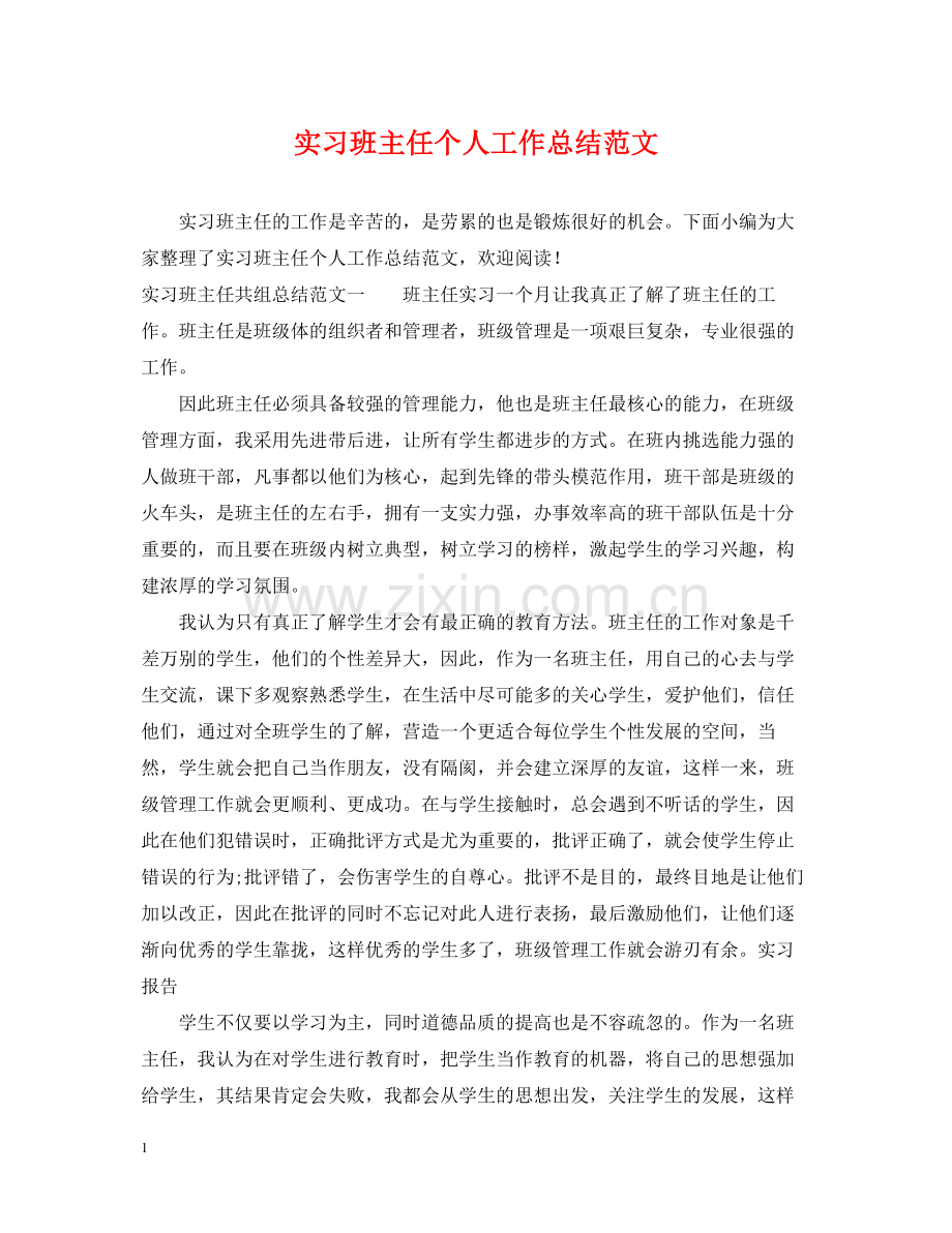 实习班主任个人工作总结范文.docx_第1页