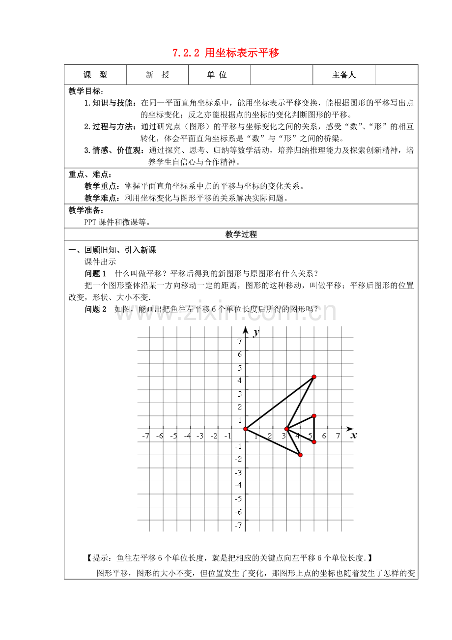 七年级数学下册 第7章 平面直角坐标系 7.2.2 用坐标表示平移教案 （新版）新人教版-（新版）新人教版初中七年级下册数学教案.doc_第1页