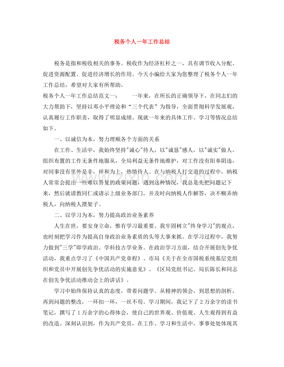 税务个人一年工作总结.docx_第1页