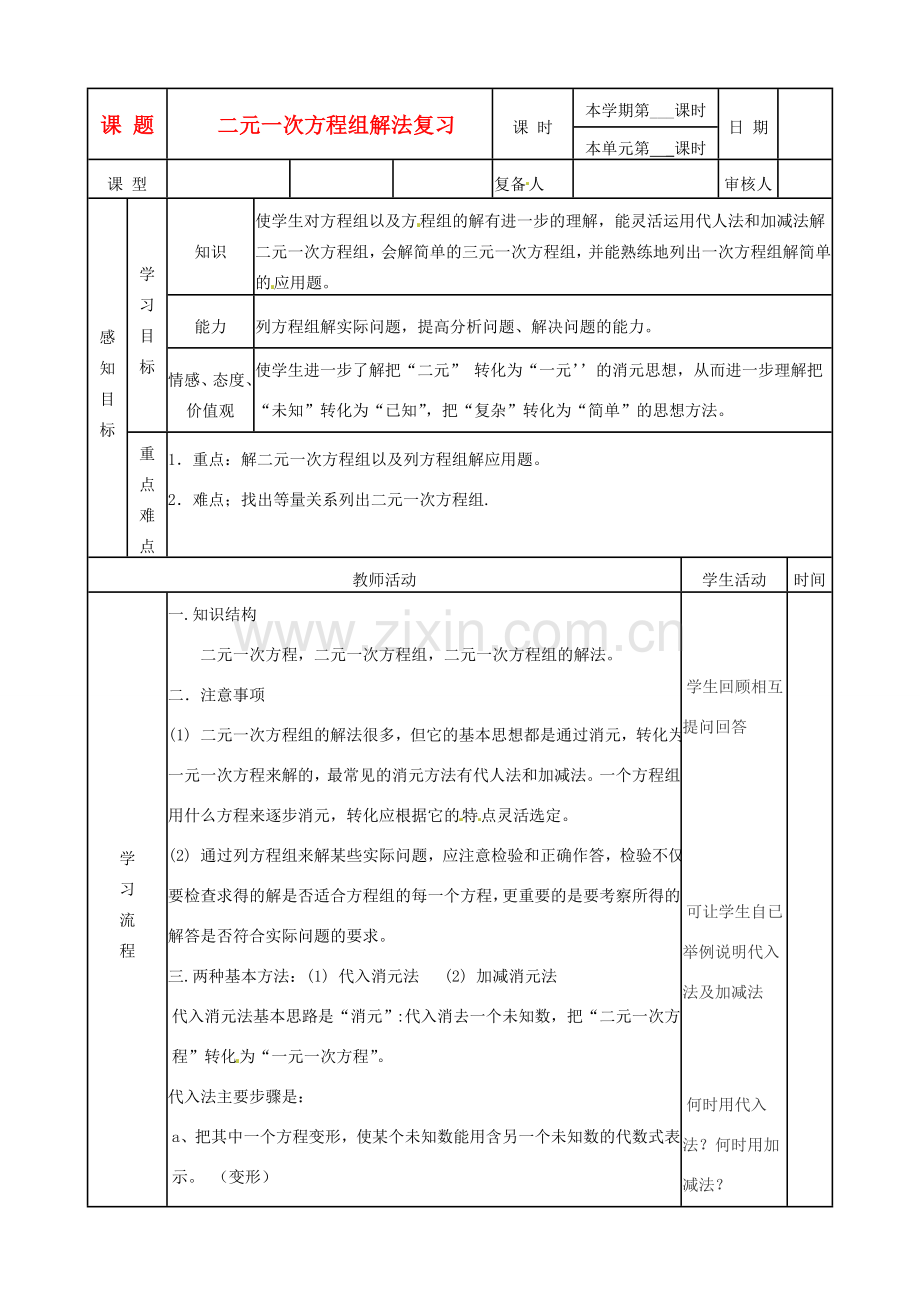 山东省滨州市邹平实验中学七年级数学下册 7二元一次方程解法复习教案 新人教版.doc_第1页