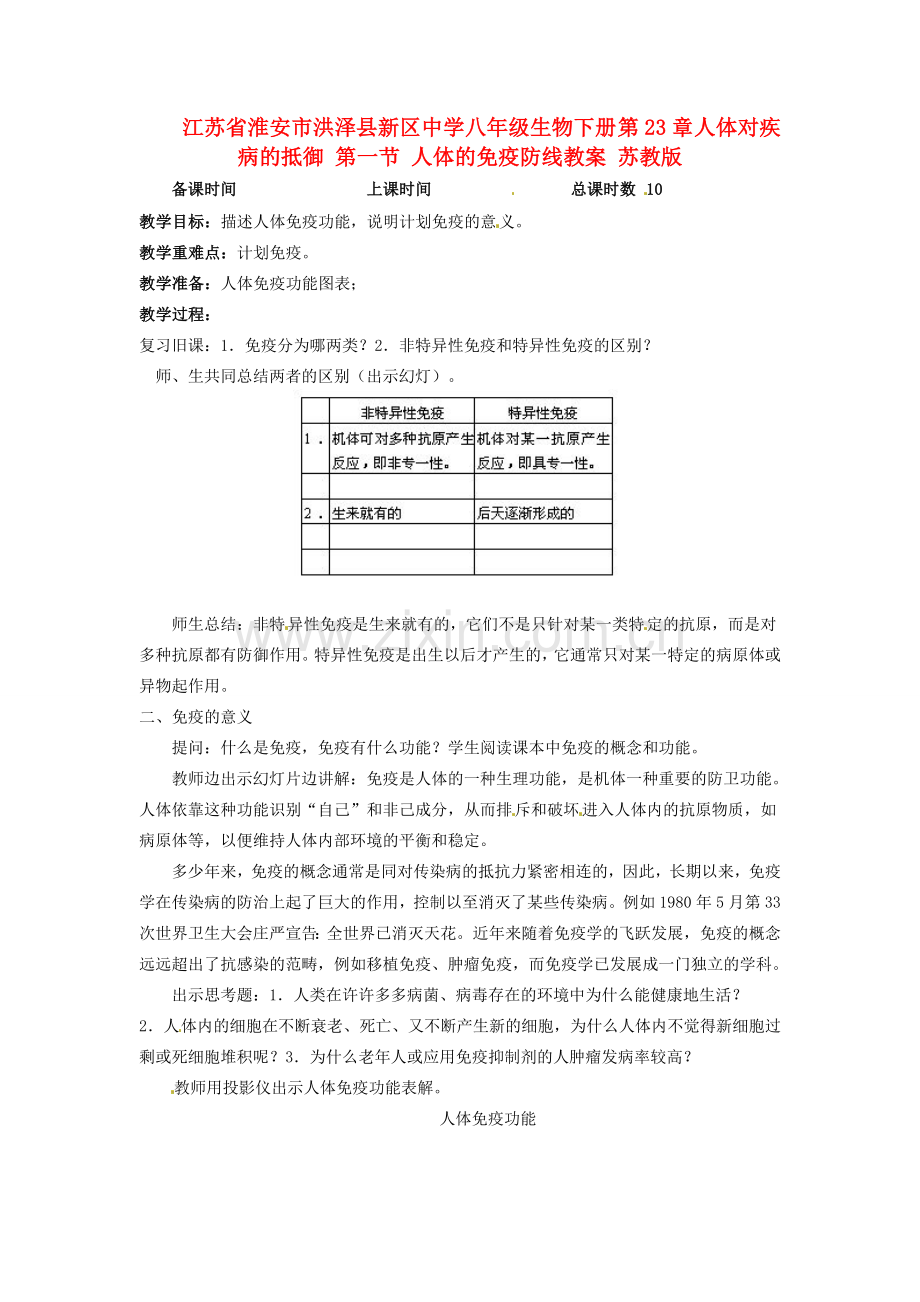 江苏省淮安市洪泽县新区中学八年级生物下册 第23章 人体对疾病的抵御 第一节 人体的免疫防线教案 苏教版.doc_第1页