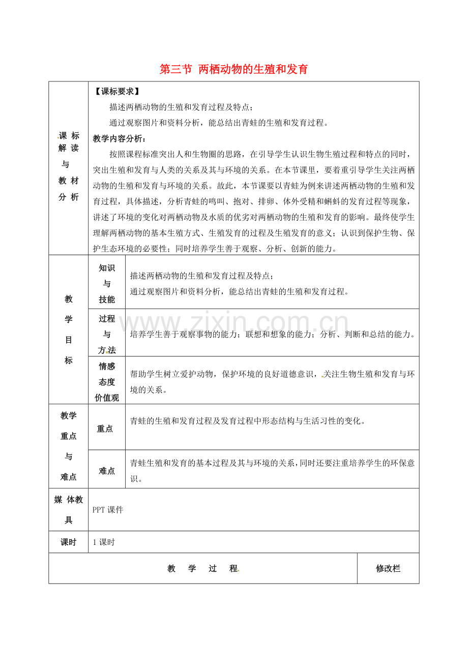 甘肃省武威第十一中学八年级生物下册《第七单元 第一章 第三节 两栖动物的生殖和发育》教案 新人教版.doc_第1页