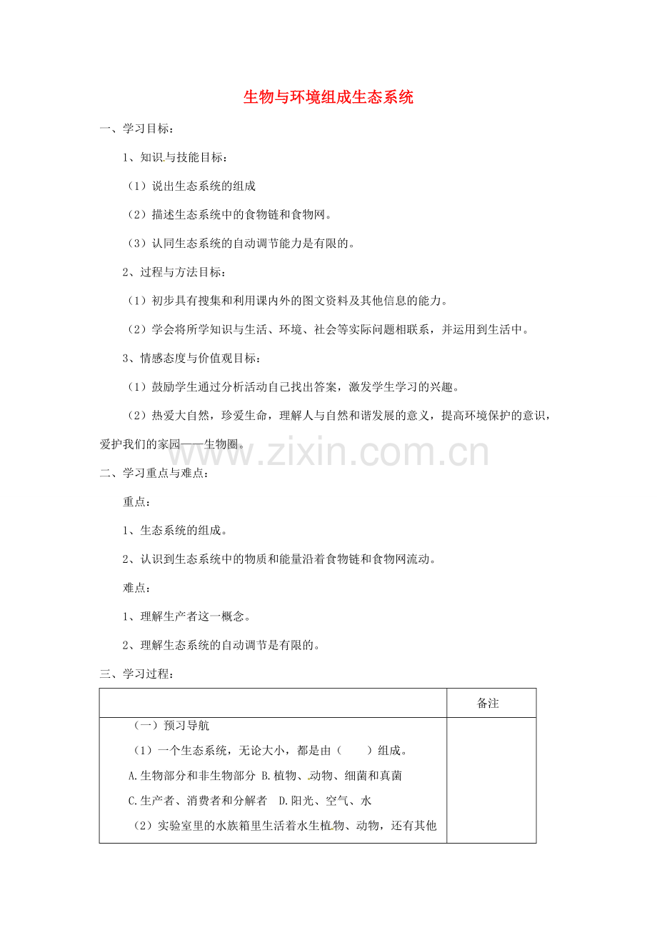 安徽省合肥市长丰县七年级生物上册 1.2.2 生物与环境组成生态系统教案4 （新版）新人教版-（新版）新人教版初中七年级上册生物教案.doc_第1页