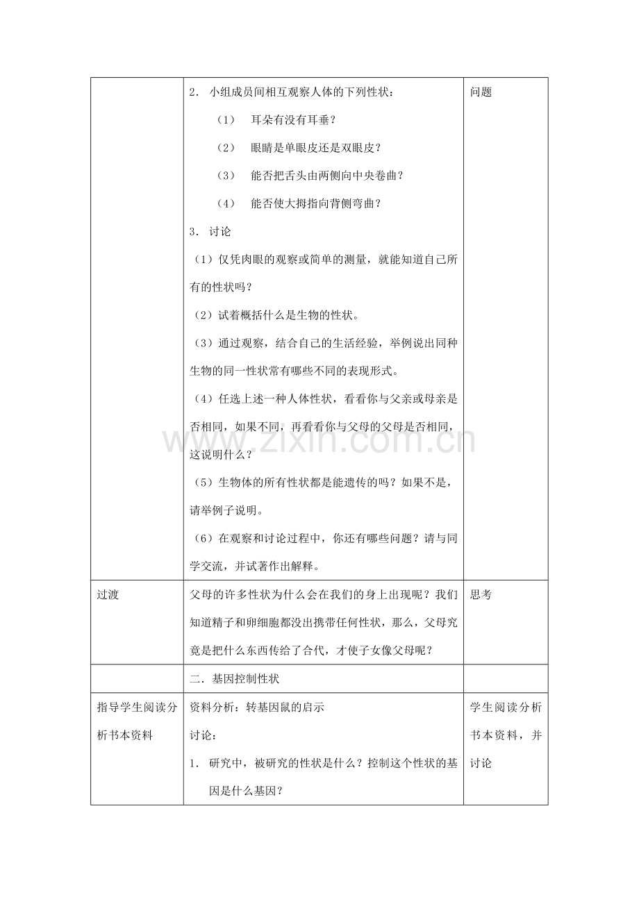 八年级生物下册 第七单元 生物圈中生命的延续和发展 第二章 生物的遗传和变异 第一节 基因控制生物的性状教案1（新版）新人教版-（新版）新人教版初中八年级下册生物教案.doc_第2页