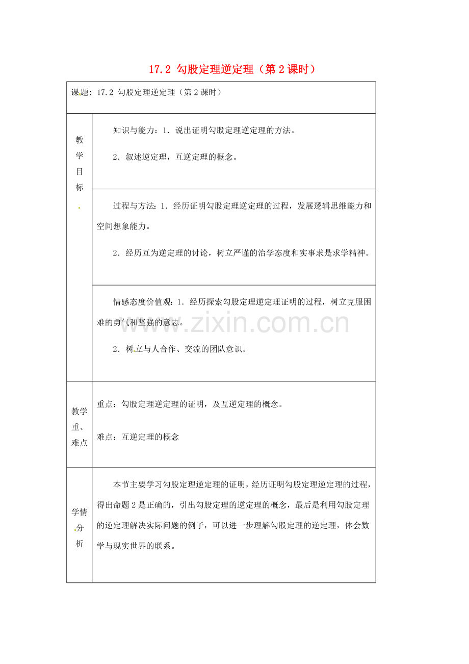 陕西省安康市紫阳县紫阳中学八年级数学下册 17.2 勾股定理逆定理（第2课时）教案 （新版）新人教版.doc_第1页