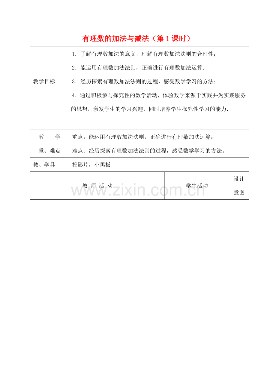 江苏省太仓市浮桥中学七年级数学上册 2.4 有理数的加法与减法（第1课时）教案 苏科版.doc_第1页