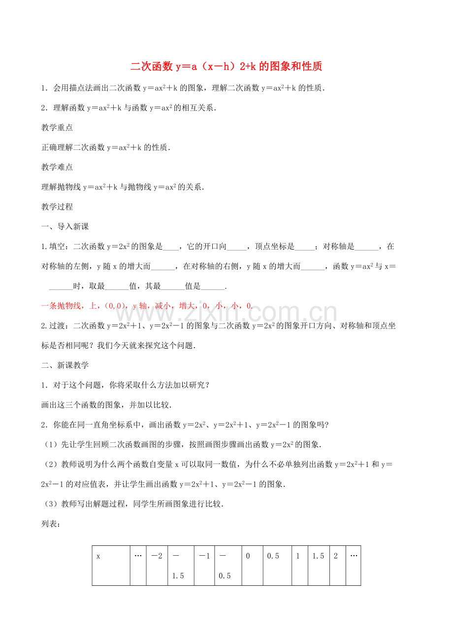 北大绿卡九年级数学上册 22.1.3 二次函数y＝a（x－h）2k的图象和性质教案1 （新版）新人教版-（新版）新人教版初中九年级上册数学教案.doc_第1页