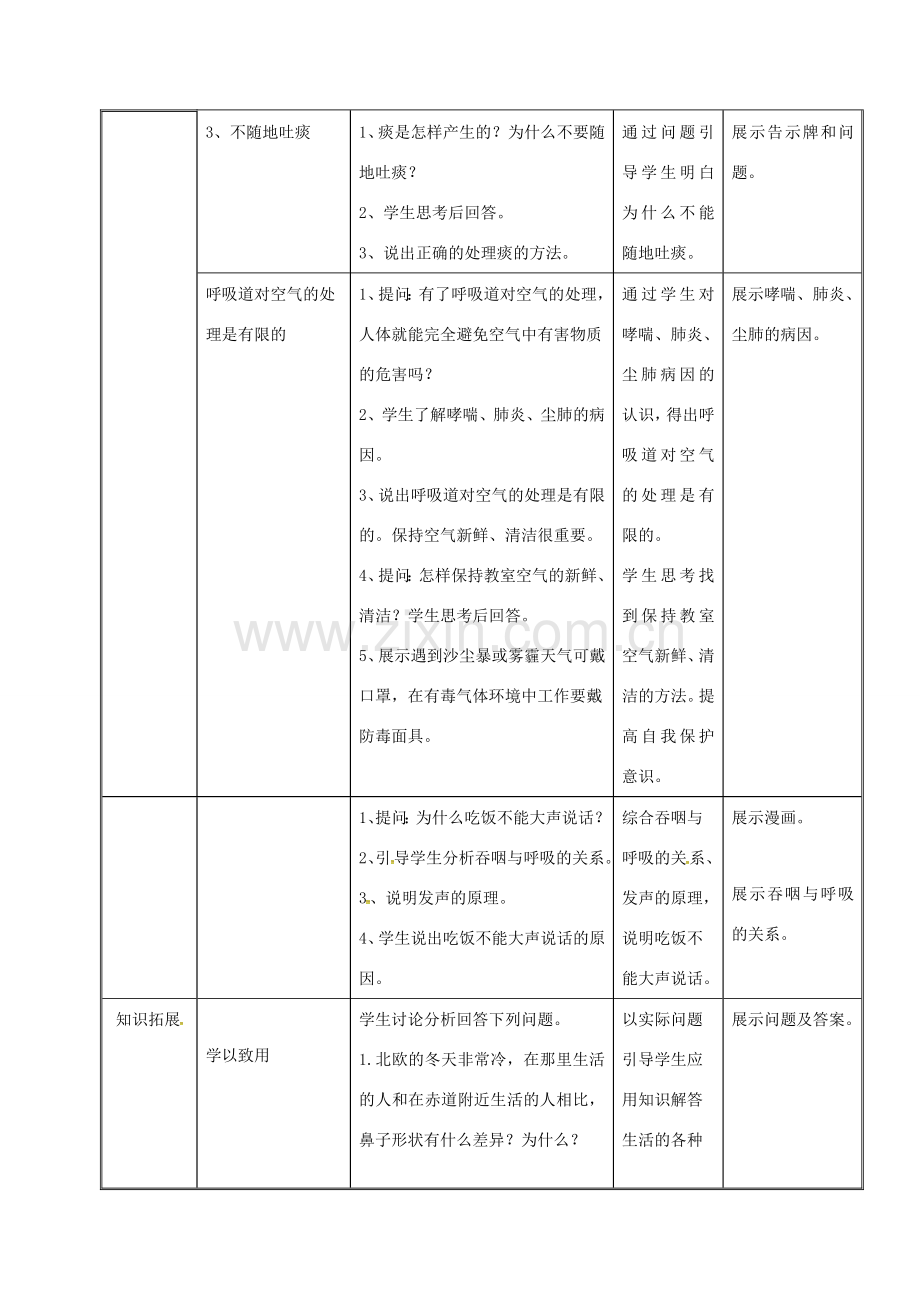 七年级生物下册 4.3.1 呼吸道对空气的处理教案1 （新版）新人教版-（新版）新人教版初中七年级下册生物教案.doc_第3页