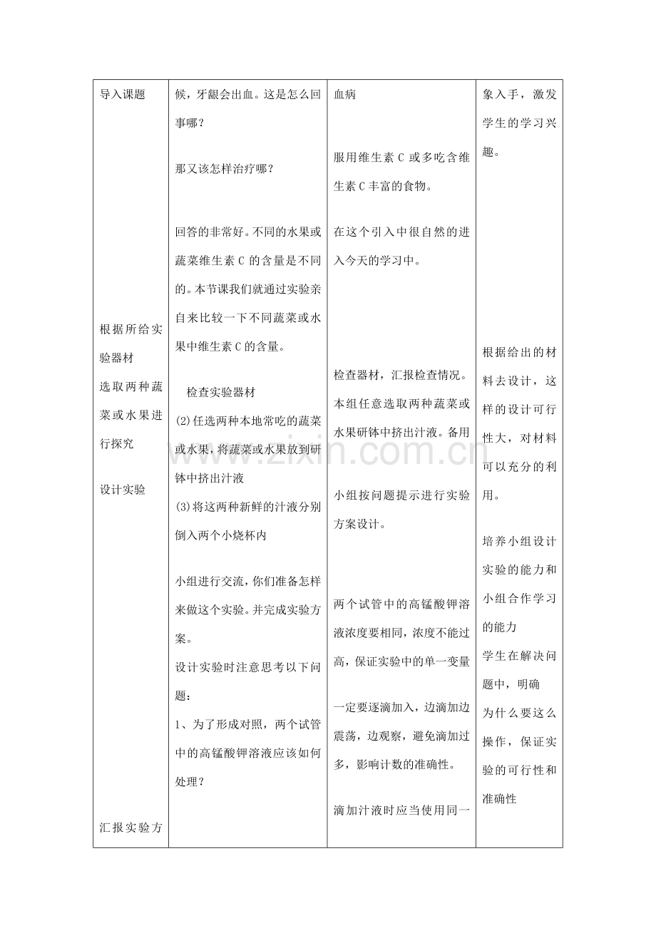 七年级生物下册 比较不同蔬菜或水果中维生素C的含量教学设计 济南版.doc_第2页