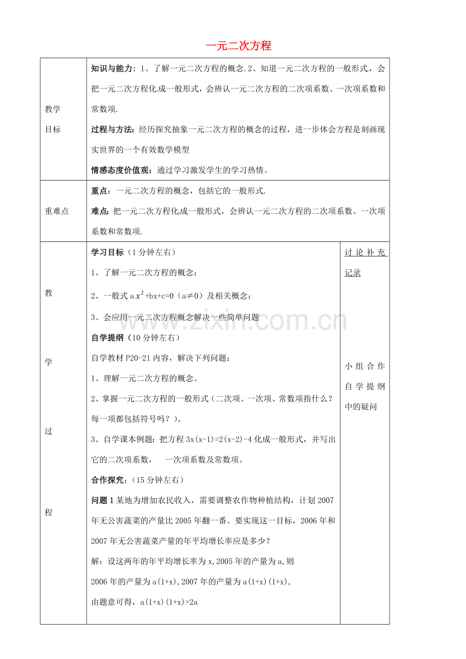 八年级数学下册 17.1 一元二次方程教案 （新版）沪科版-（新版）沪科版初中八年级下册数学教案.doc_第1页