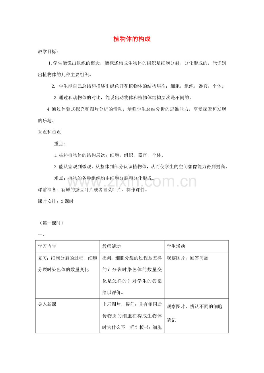 七年级生物下册 第8章《植物体的组成》教案 苏科版.doc_第1页