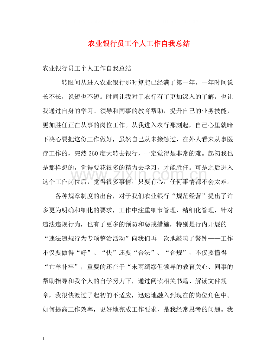 农业银行员工个人工作自我总结.docx_第1页