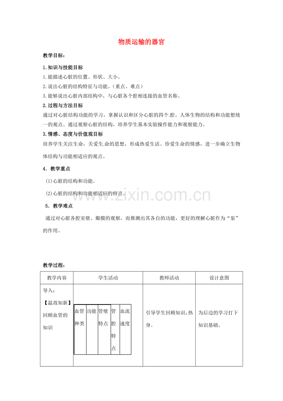 七年级生物下册 第三章 第二节 物质运输的器官教案 （新版）济南版-（新版）济南版初中七年级下册生物教案.doc_第1页