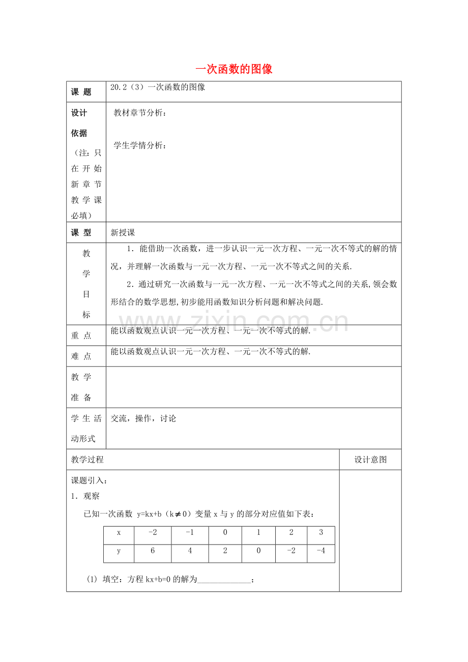 春八年级数学下册 20.2 一次函数的图像（3）教案 沪教版五四制-沪教版初中八年级下册数学教案.doc_第1页