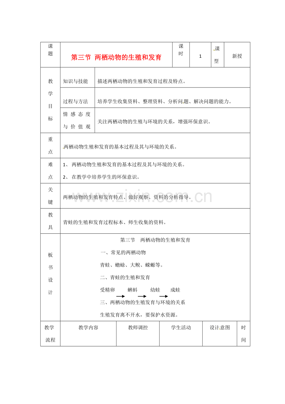 辽宁省大连市第四十二中学八年级生物下册 第三节 两栖动物的生殖和发育教案 新人教版.doc_第1页