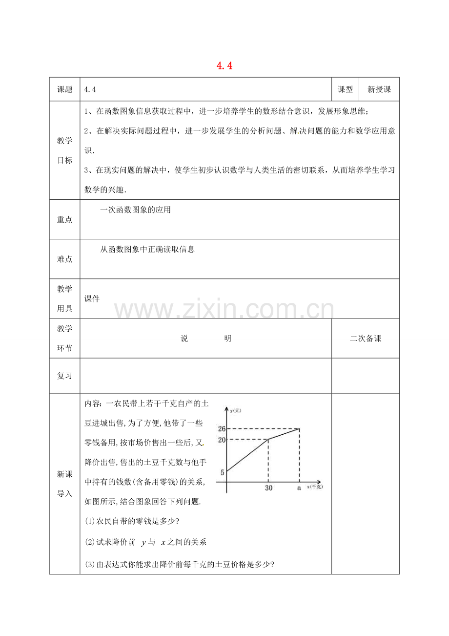 河北省邯郸市肥乡县八年级数学上册 第四章 一次函数 第四节 一次函数的应用教案 （新版）北师大版-（新版）北师大版初中八年级上册数学教案.doc_第1页