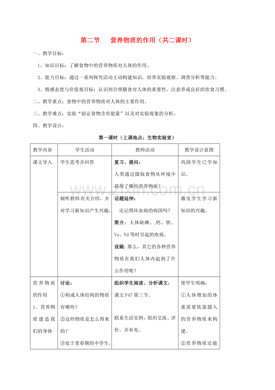 江苏省太仓市七年级生物上册 第五章 第二节 营养物质的作用教案 （新版）苏科版-（新版）苏科版初中七年级上册生物教案.doc_第1页