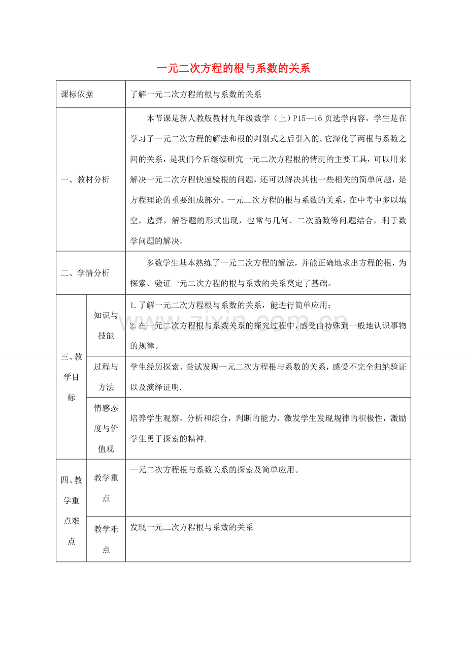 陕西省石泉县九年级数学上册 21.2.4 一元二次方程的根与系数的关系教案 （新版）新人教版-（新版）新人教版初中九年级上册数学教案.doc_第1页