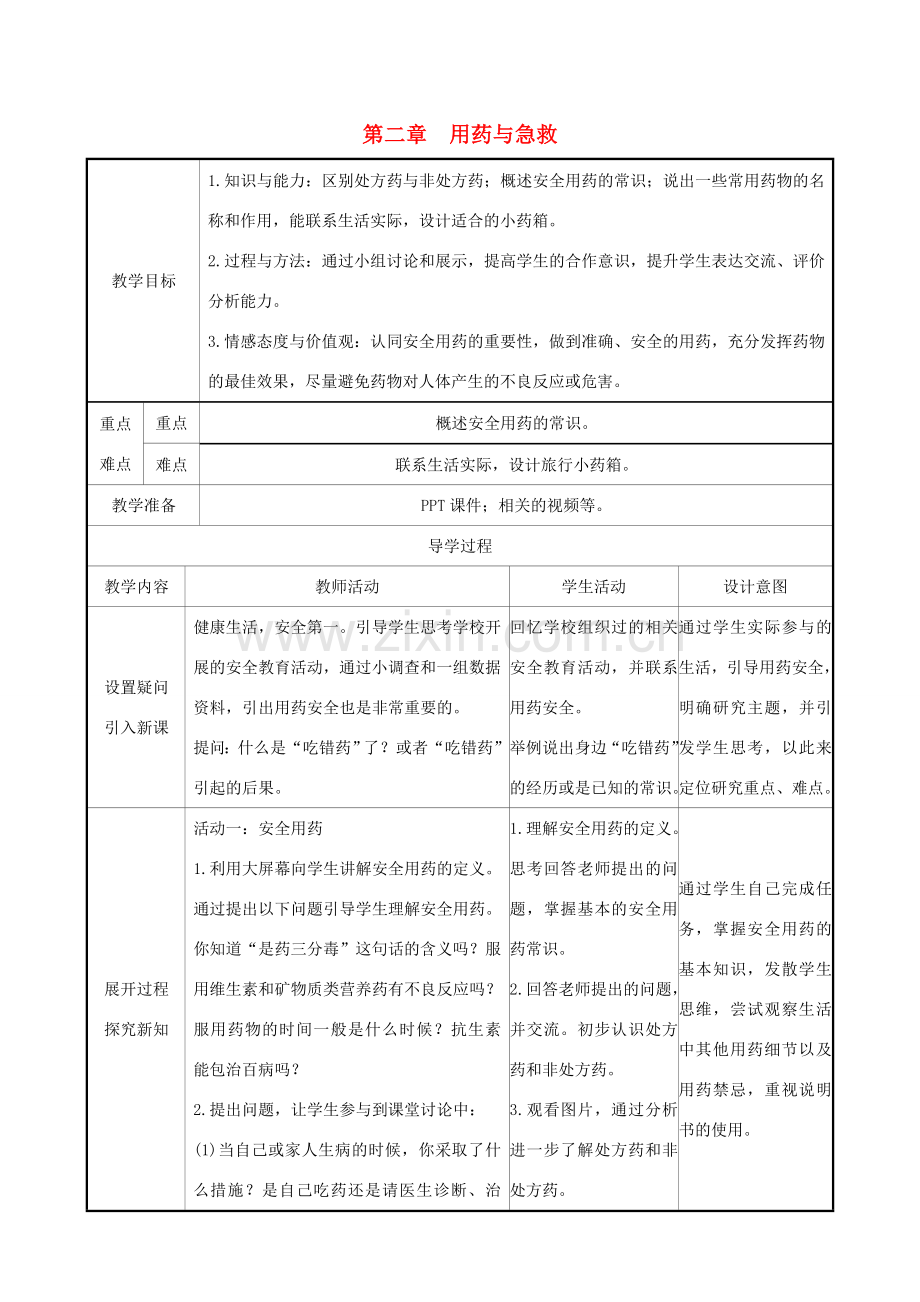 版八年级生物下册 第八单元 健康地生活 第二章 用药与急救教案 （新版）新人教版-（新版）新人教版初中八年级下册生物教案.doc_第1页