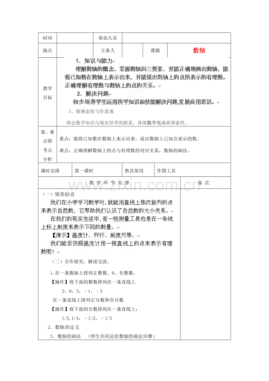 河南省洛阳市下峪镇初级中学七年级数学《数轴》教案1.doc_第1页