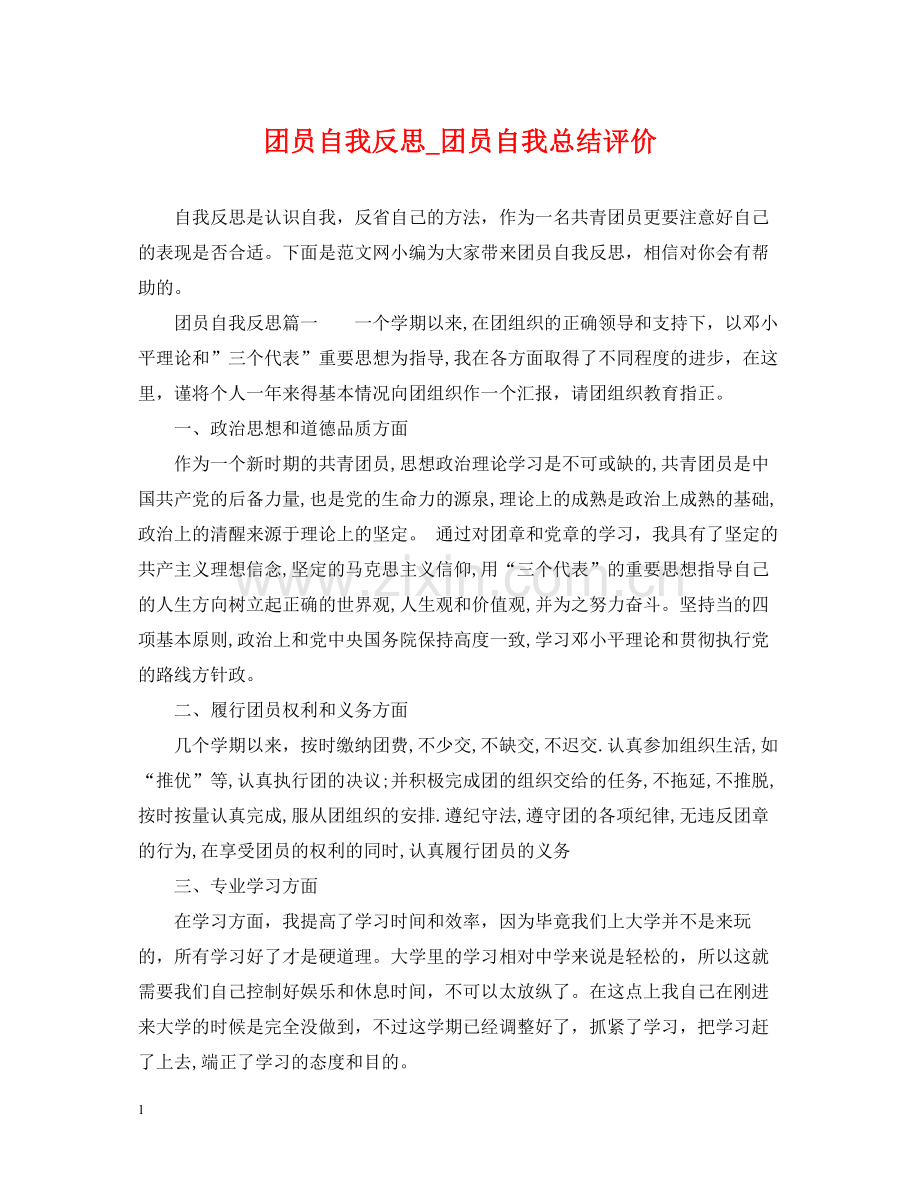 团员自我反思_团员自我总结评价.docx_第1页