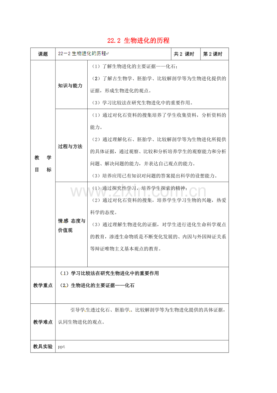 江苏省太仓市第二中学八年级生物下册 22.2 生物进化的历程教案2 苏科版.doc_第1页