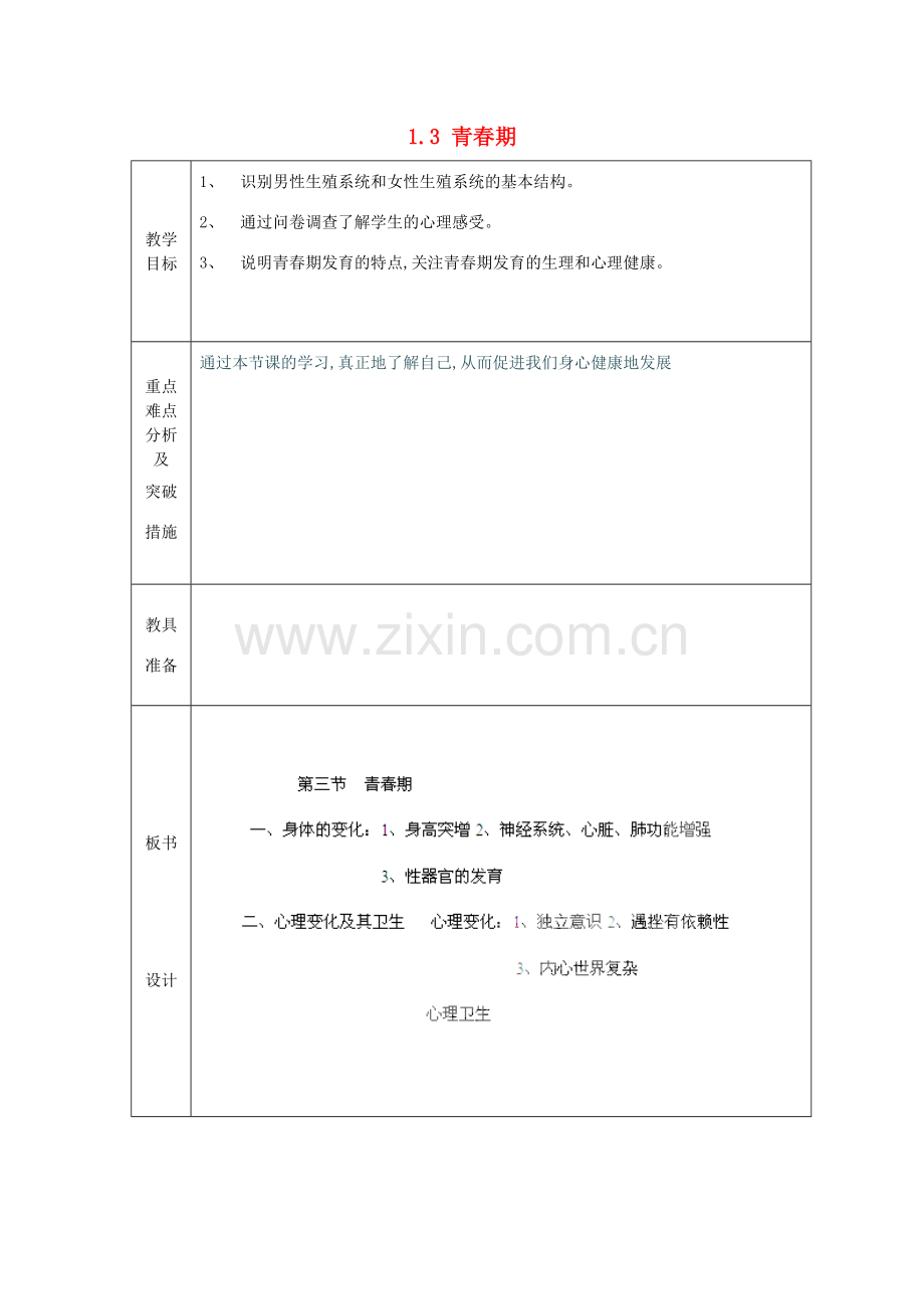 山东省龙口市诸由观镇诸由中学七年级生物下册 1.3 青春期教案2 新人教版.doc_第1页