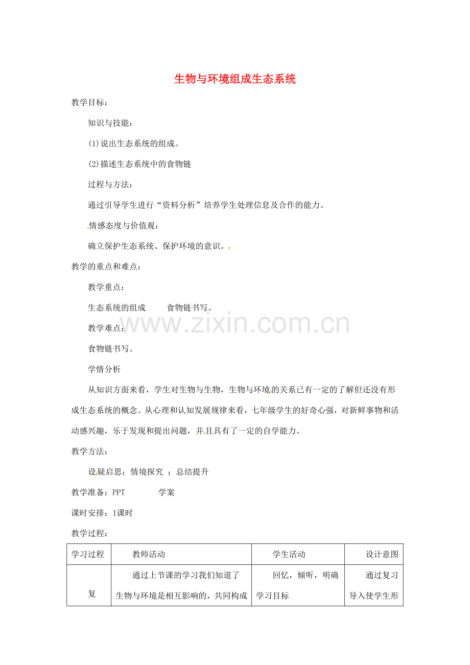 安徽省合肥市长丰县七年级生物上册 1.2.2 生物与环境组成生态系统教案1 （新版）新人教版-（新版）新人教版初中七年级上册生物教案.doc_第1页