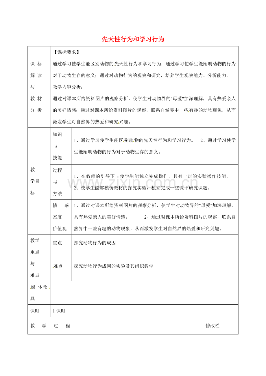 甘肃省武威第十一中学八年级生物上册 5.2.2 先天性行为和学习行为教案 （新版）新人教版.doc_第1页