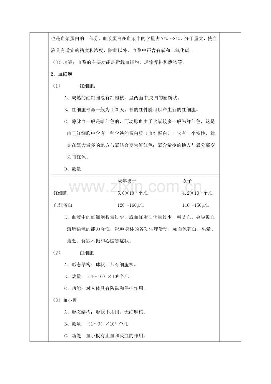 河北省邯郸市肥乡区七年级生物下册 9.1 血液教案 （新版）北师大版-（新版）北师大版初中七年级下册生物教案.doc_第3页