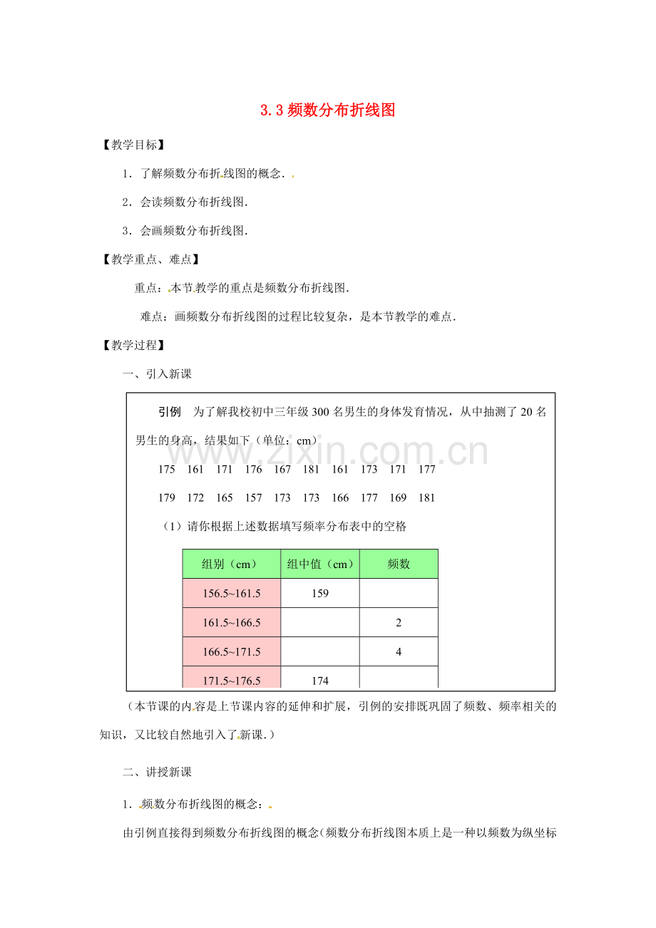 八年级数学下册 3.3《频数分布折线图》教案 浙教版.doc_第1页