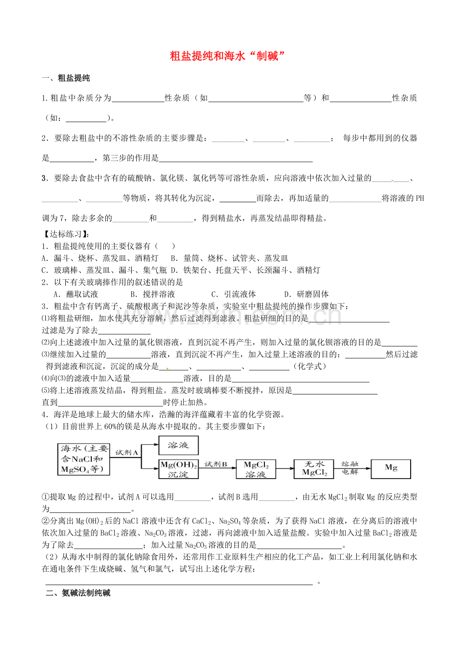 山东省临淄外国语实验学校九年级化学全册《9.3 海水“制碱”》复习 鲁教版五四制.doc_第1页