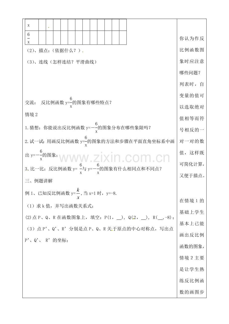 江苏省徐州市王杰中学八年级数学下册《9.2反比例函数的图象与性质》教案（1） 苏科版.doc_第2页