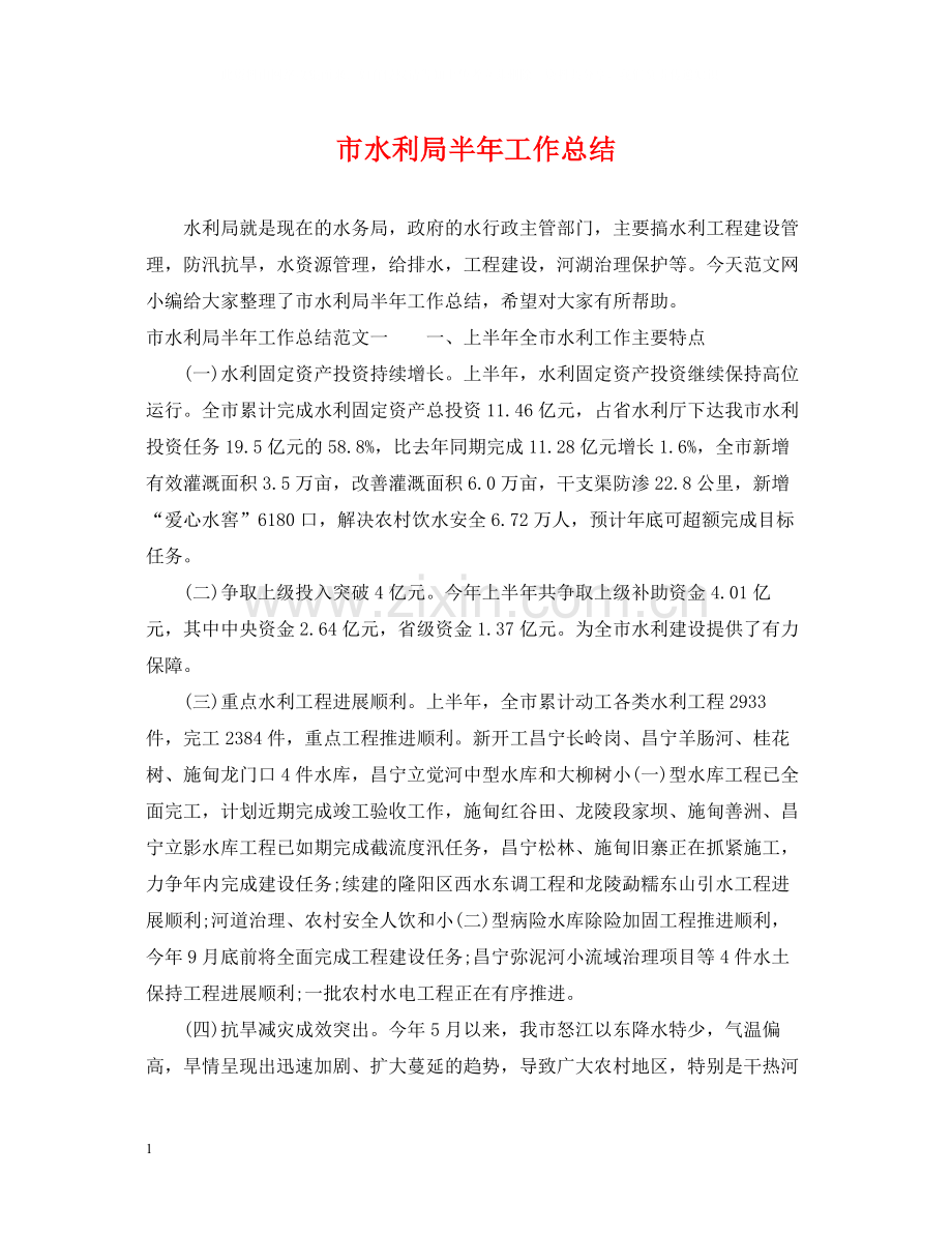 市水利局半年工作总结.docx_第1页