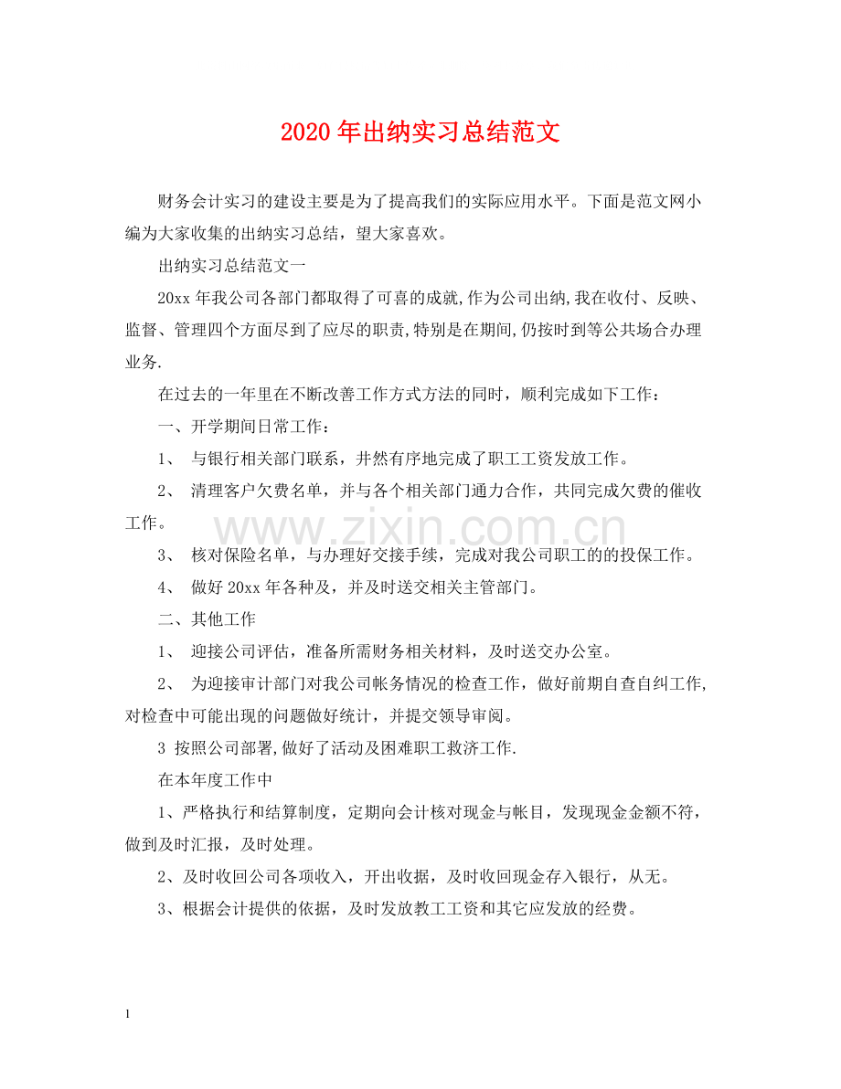 2020年出纳实习总结范文.docx_第1页