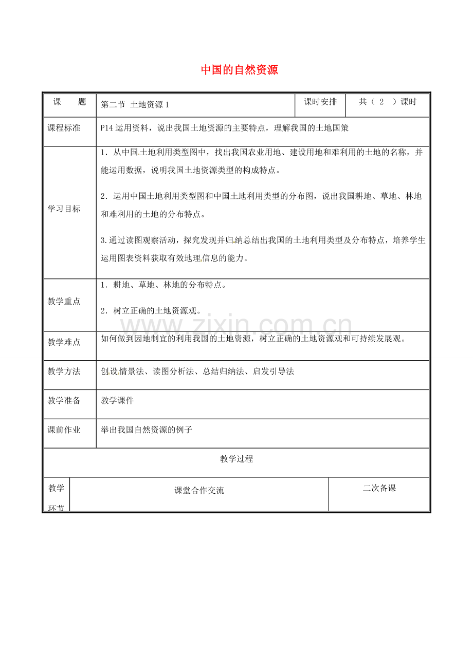 河南省中牟县八年级地理上册 3.2土地资源教案1 （新版）新人教版-（新版）新人教版初中八年级上册地理教案.doc_第1页