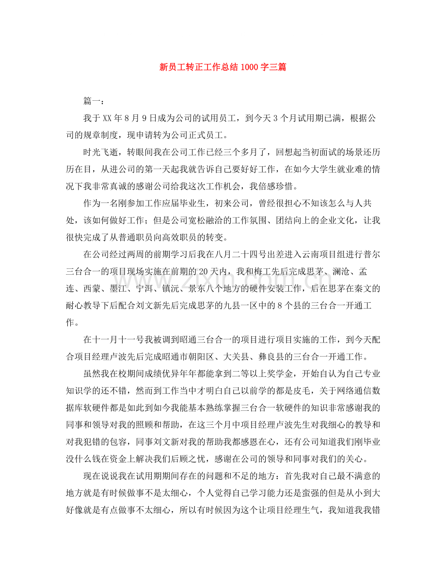 新员工转正工作总结1000字三篇.docx_第1页