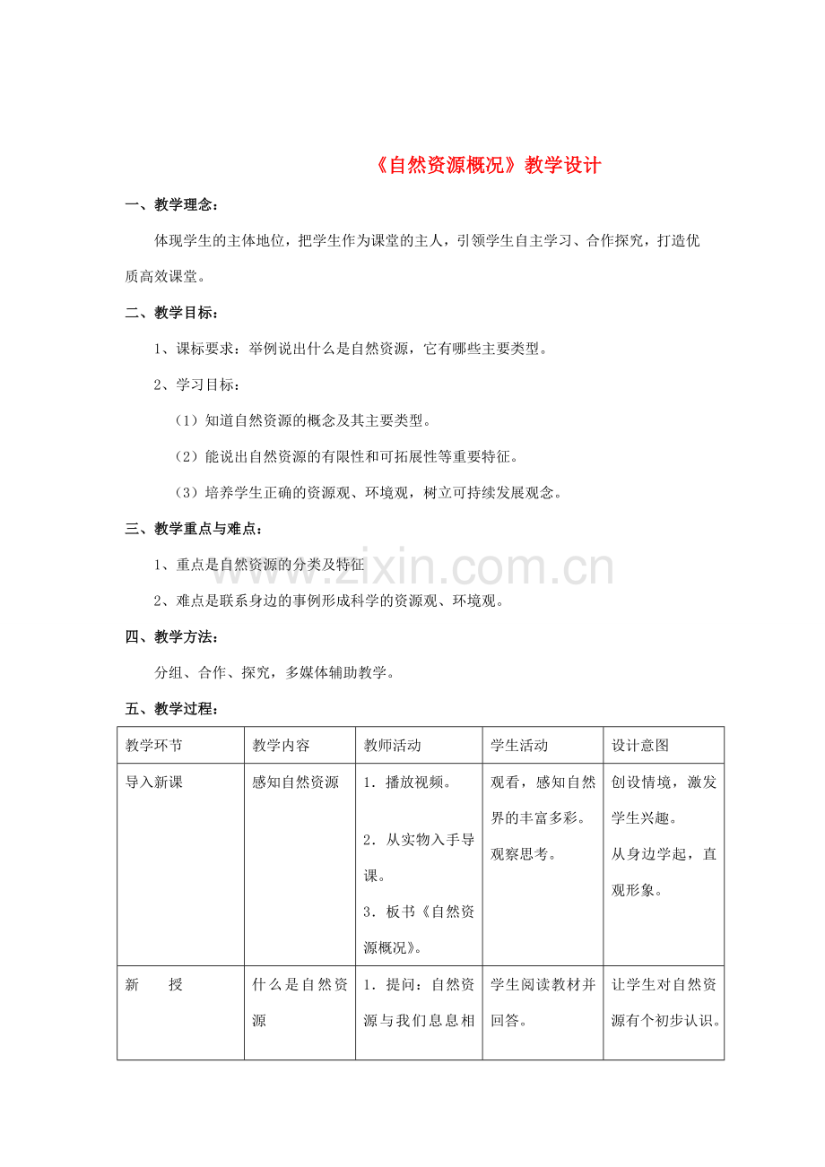 八年级地理上册 自然资源概况教学设计 湘教版.doc_第1页