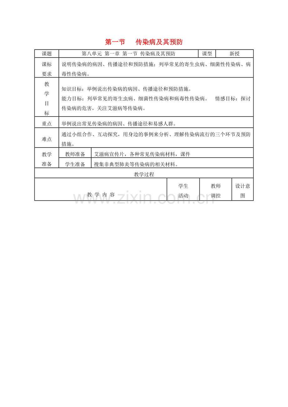 八年级生物下册 第八单元 第一章 第一节 传染病及其预防教学设计 新人教版-新人教版初中八年级下册生物教案.doc_第1页