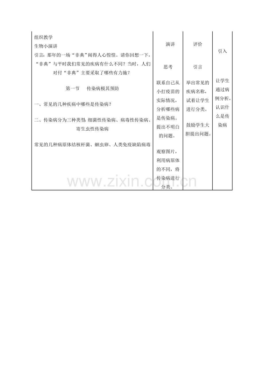 八年级生物下册 第八单元 第一章 第一节 传染病及其预防教学设计 新人教版-新人教版初中八年级下册生物教案.doc_第2页