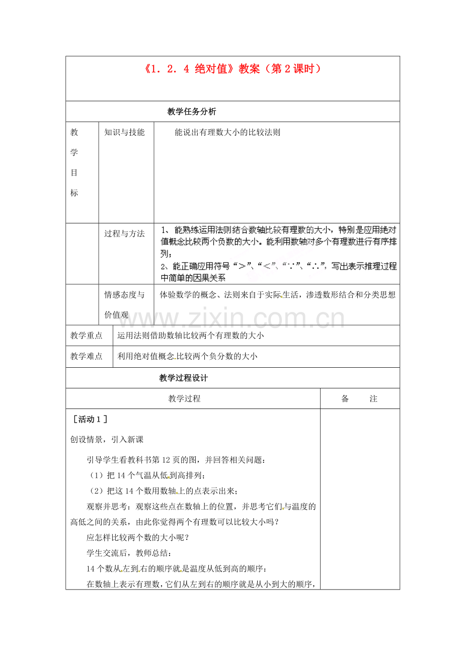 四川省雷波县民族中学七年级数学上册《1.2.4 绝对值》教案（第2课时） （新版）新人教版.doc_第1页