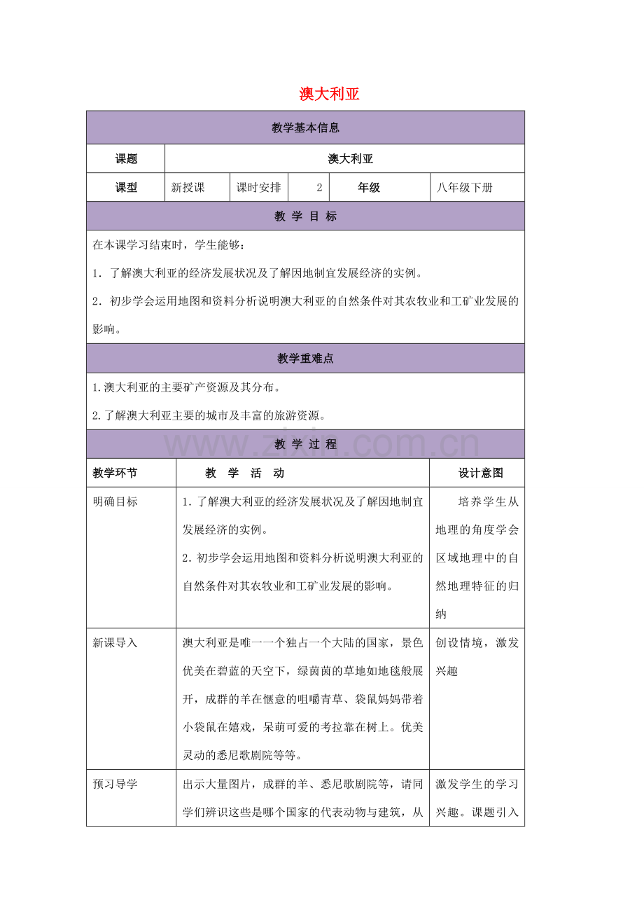 八年级地理下册 7.3 澳大利亚教案2 中图版-中图版初中八年级下册地理教案.doc_第1页