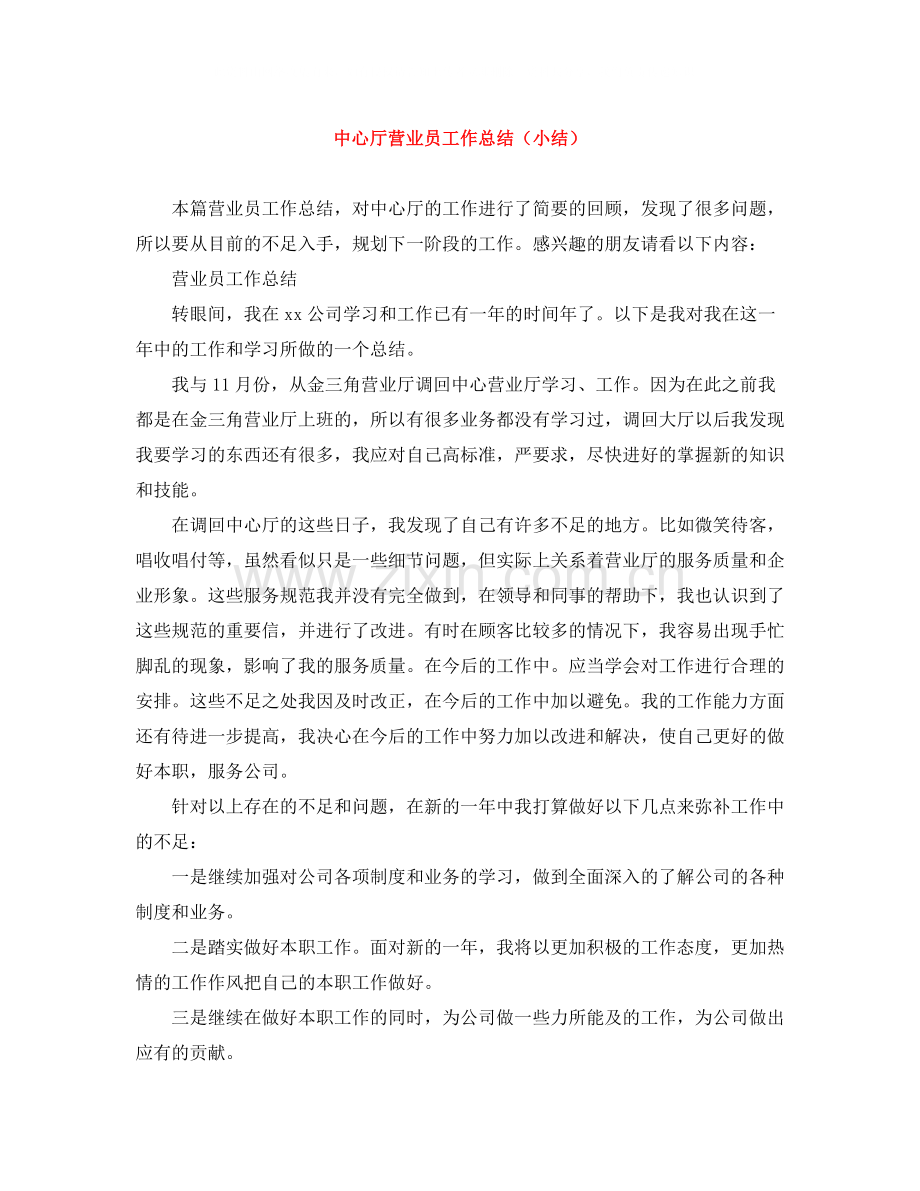 中心厅营业员工作总结（小结）.docx_第1页