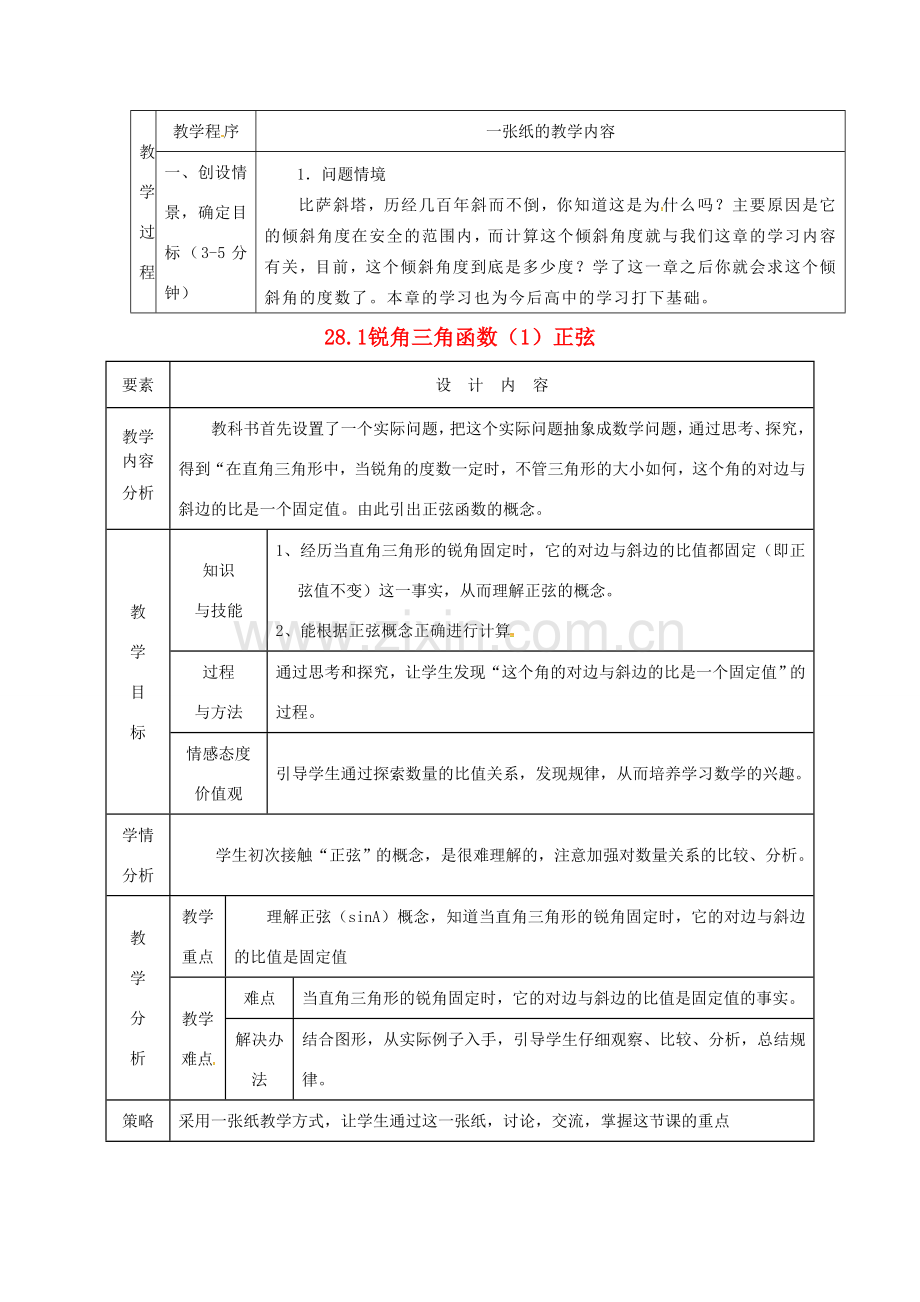 九年级数学下册 28.1 锐角三角函数教案 新人教版-新人教版初中九年级下册数学教案.doc_第1页