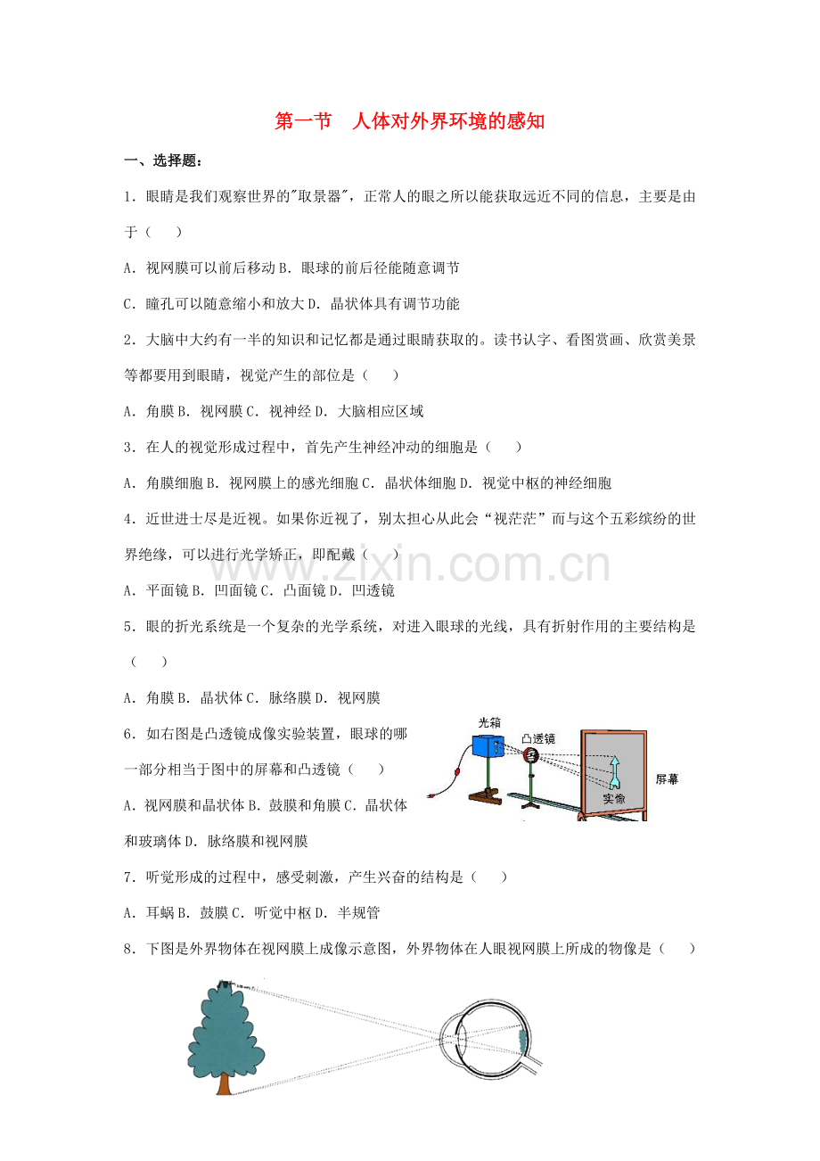 山东省泰安新泰市七年级生物下册 6.1 人体对外界环境的感知练习题 新人教版.doc_第1页