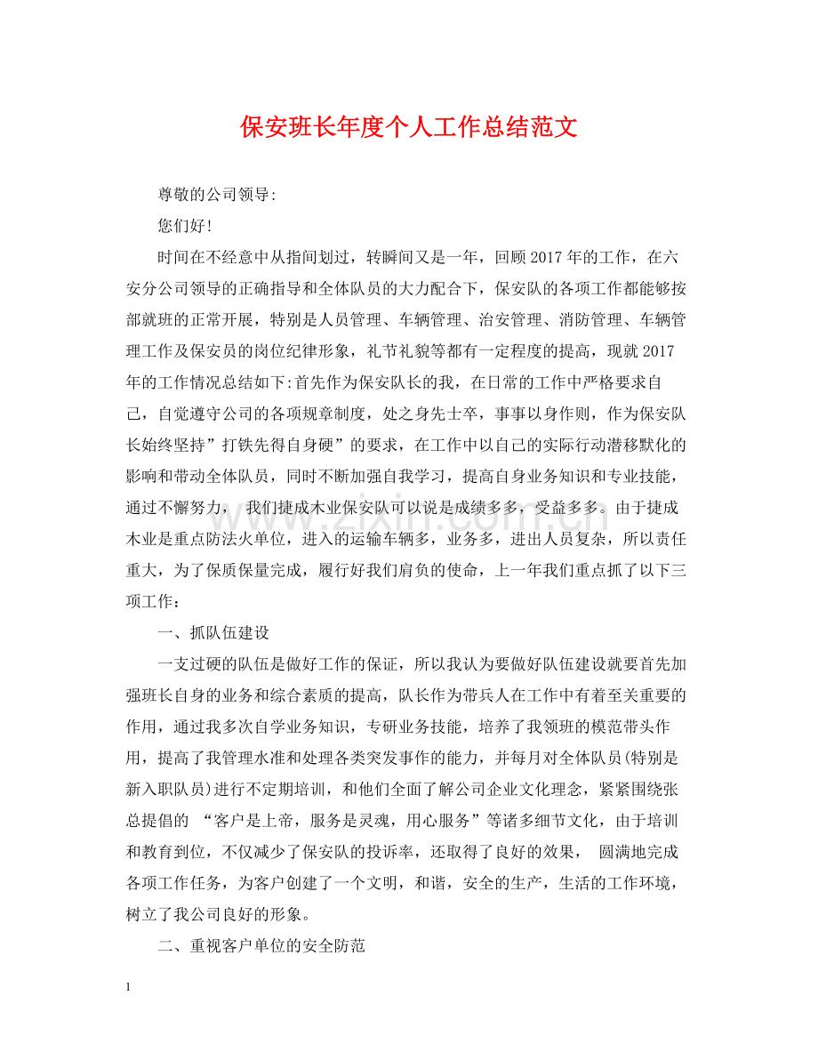 保安班长年度个人工作总结范文.docx_第1页