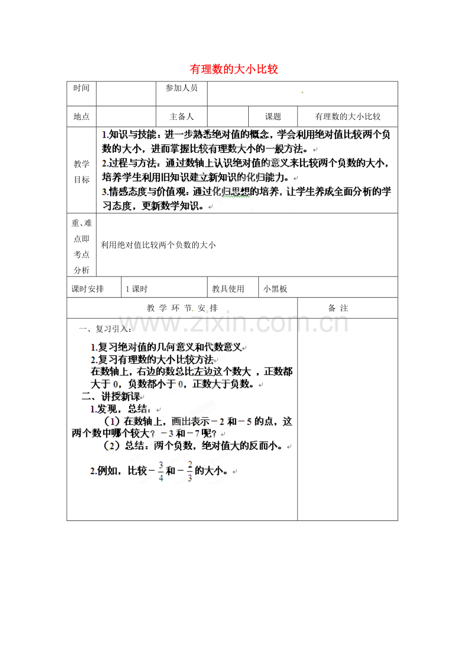 河南省洛阳市下峪镇初级中学七年级数学《有理数比较》教案.doc_第1页